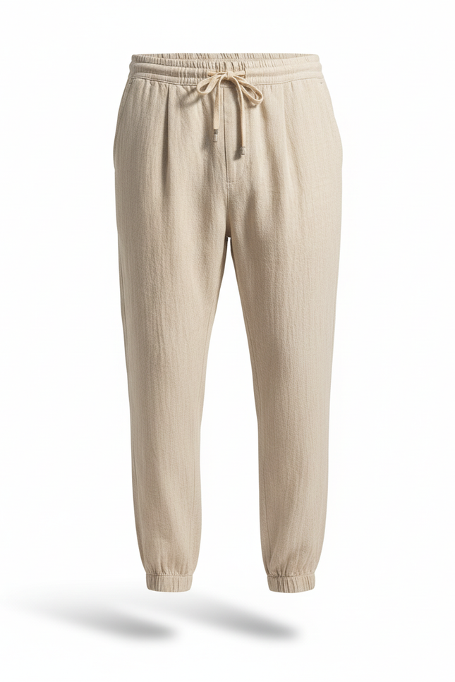 Pantalon En Lin Beige Homme Décontracté Cordon Resserré - vue 3