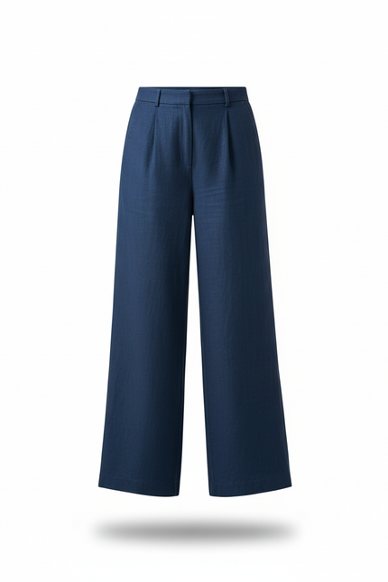 Pantalon En Lin Bleu Ample Décontracté Fluide - Marine - vue 3