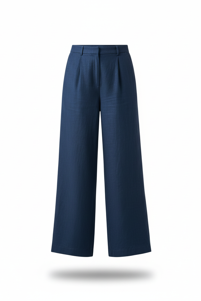 Pantalon En Lin Bleu Ample Décontracté Fluide - Marine - vue 3