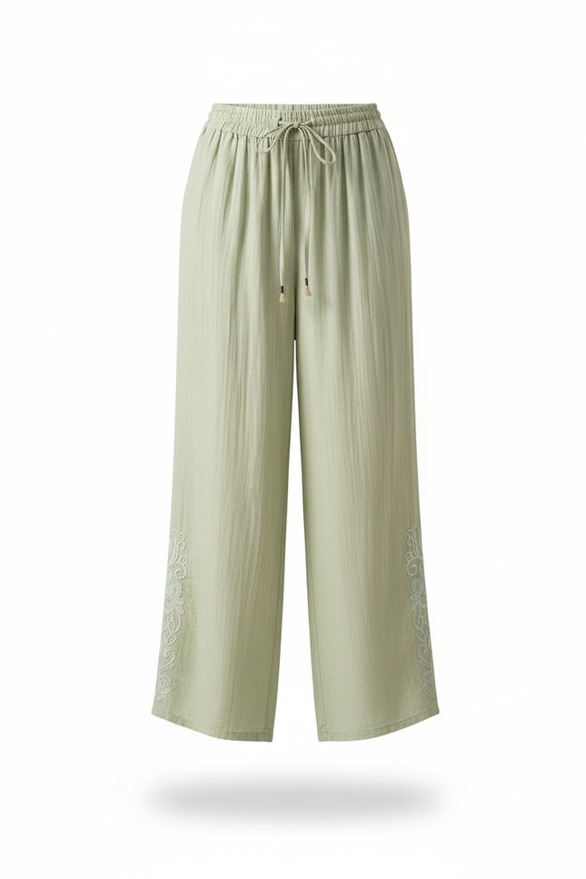 Pantalon En Lin Ample Brodé Vert Clair Décontracté - vue 3
