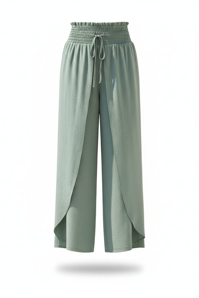Pantalon En Lin Vert Ample Élastique Fluide Femme - vue 3