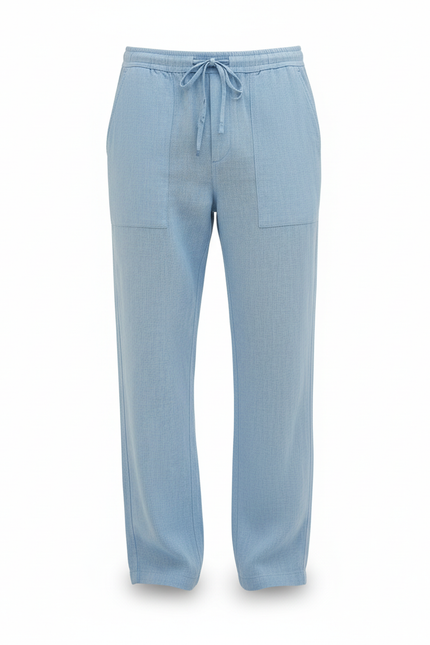 Pantalon En Lin Mélangé Avec Cordon De Serrage - Bleu - vue 3
