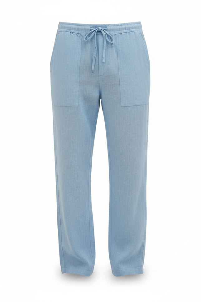 Pantalon En Lin Mélangé Avec Cordon De Serrage - Bleu - vue 3