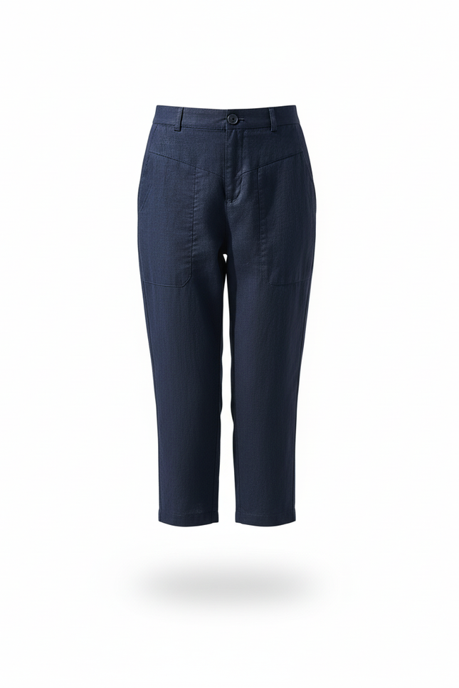 Pantalon En Lin Bleu Marine Coupe Droite Décontracté Femme - vue 3