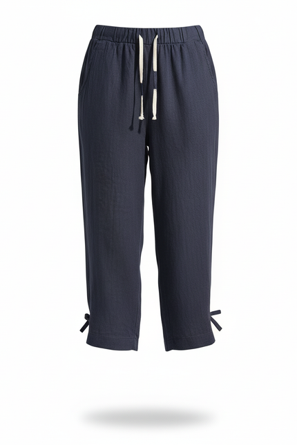 Pantalon En Lin Bleu Marine Ample Décontracté Croisé - vue 3