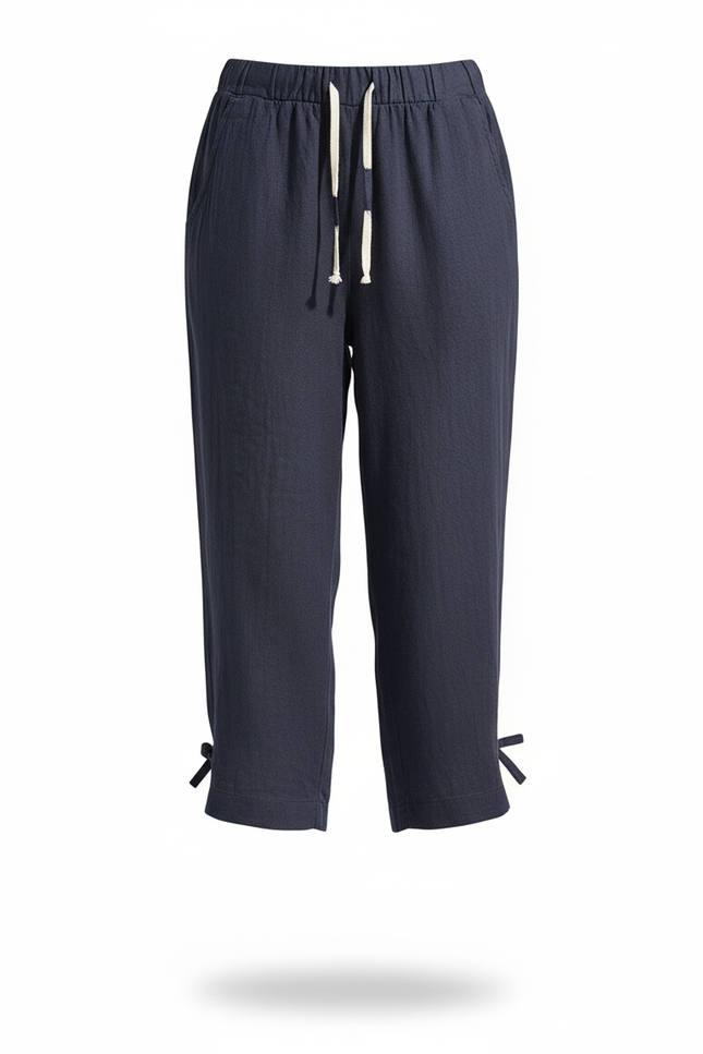 Pantalon En Lin Bleu Marine Ample Décontracté Croisé - vue 3