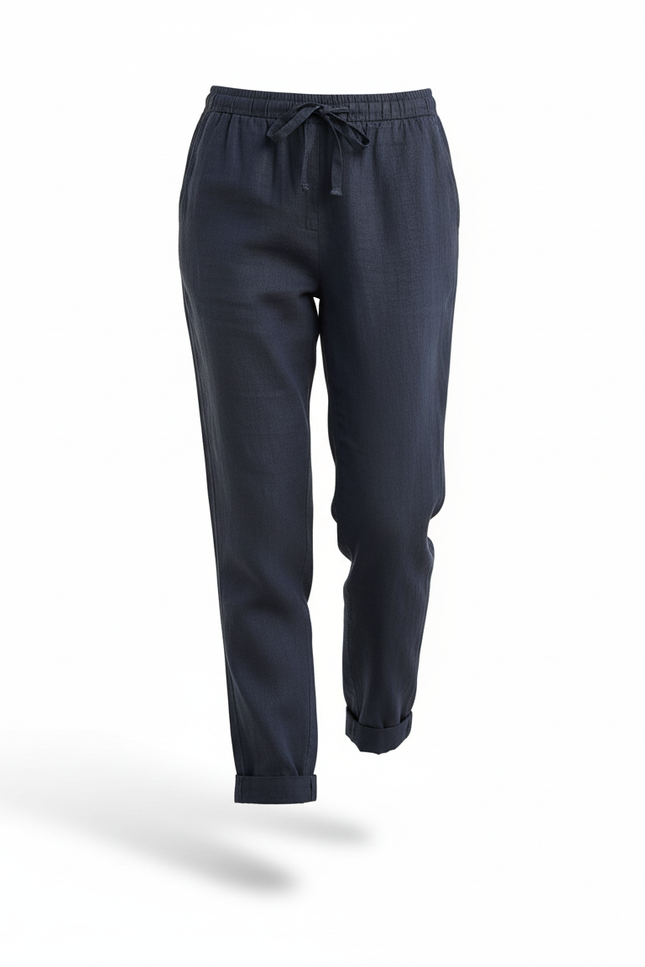 Pantalon En Lin Marine Ample Cordon Décontracté Femme - vue 3
