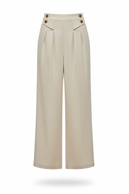 Pantalon En Lin Beige Ample Plissé Confortable Femme - vue 3