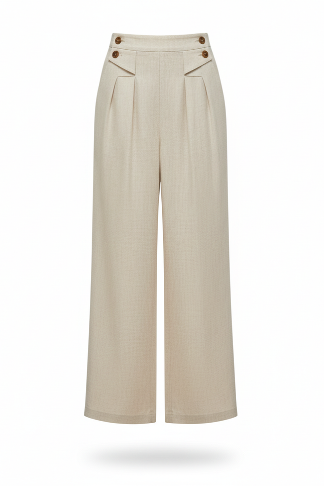 Pantalon En Lin Beige Ample Plissé Confortable Femme - vue 3