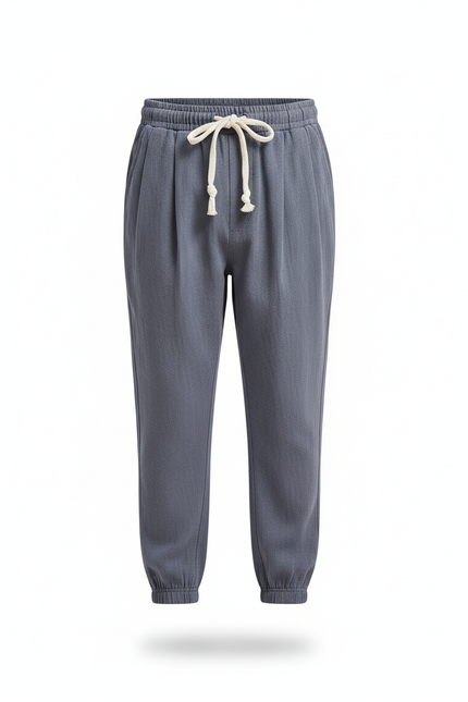 Pantalon En Lin Gris, Ample, Décontracté, Cordon - vue 3