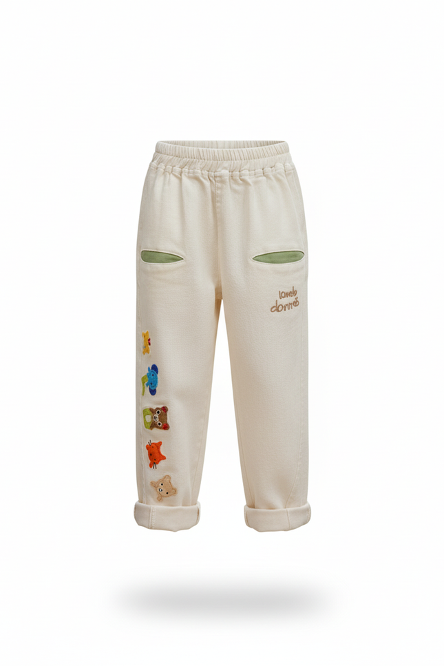 Pantalon En Lin Écru Brodé Animaux Ample Garçon - Beige - vue 3