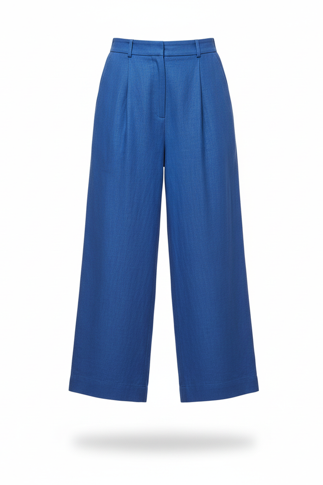 Pantalon En Lin Bleu Plissé Large Fluide Femme - vue 3