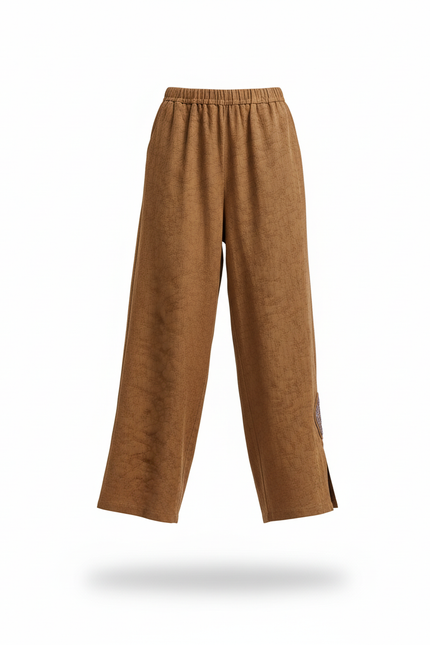 Pantalon En Lin Marron Ample Brodé Fendu Décontracté - vue 3