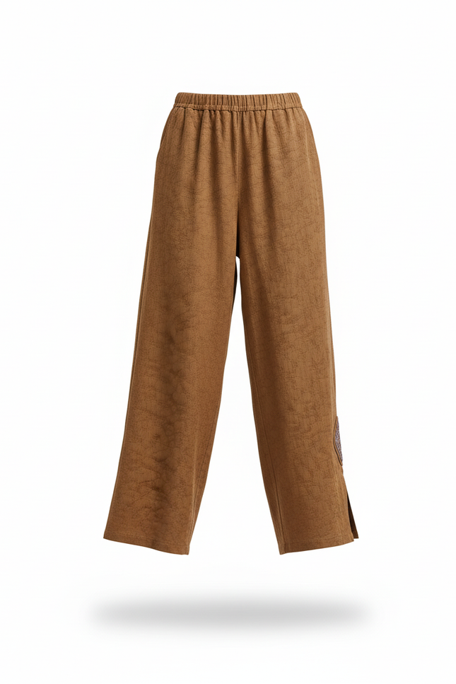 Pantalon En Lin Marron Ample Brodé Fendu Décontracté - vue 3