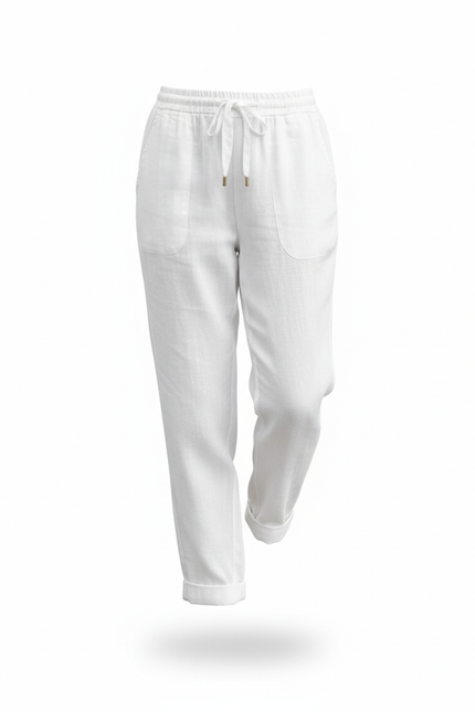 Pantalon En Lin Blanc Cordon Fluide Décontracté Femme - vue 3