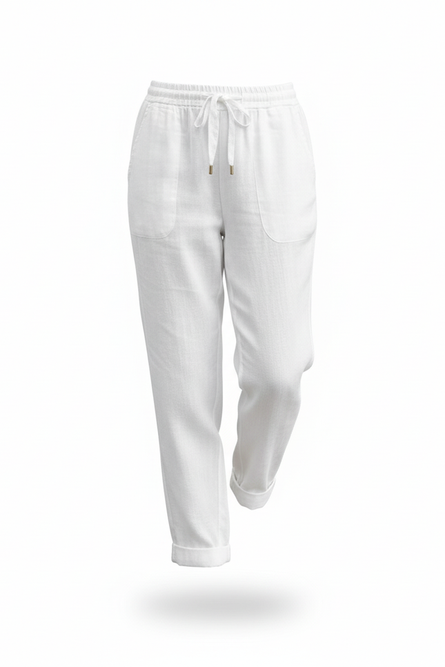 Pantalon En Lin Blanc Cordon Fluide Décontracté Femme - vue 3