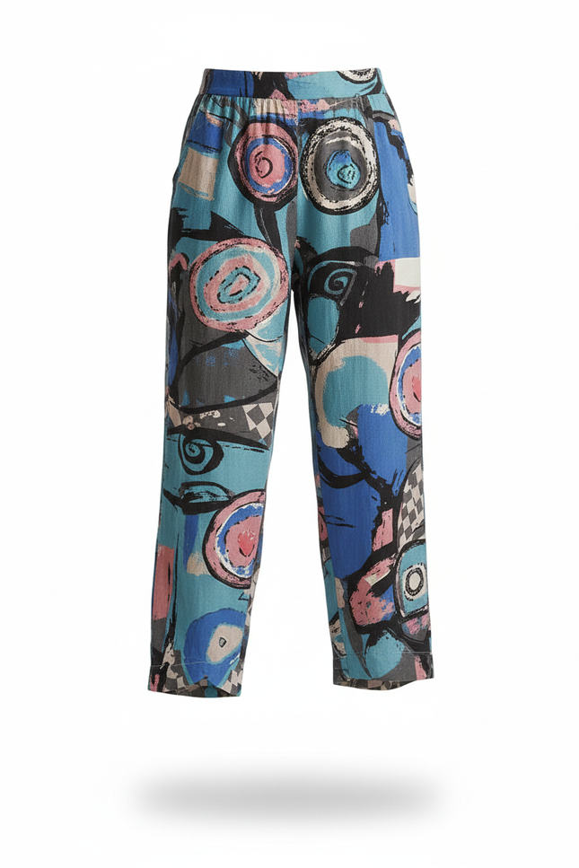 Pantalon En Lin Imprimé Abstrait Ample Élastique Femme - Multicolore - vue 3