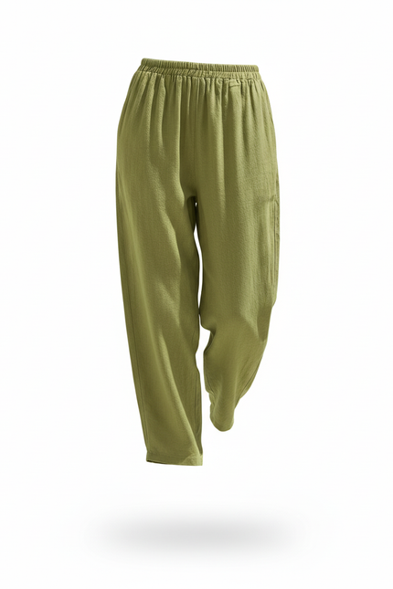 Pantalon En Lin Vert Ample Taille Élastique Femme - vue 3