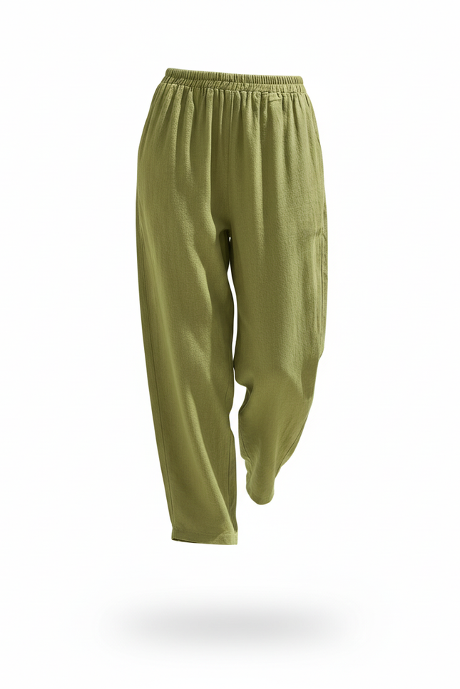 Pantalon En Lin Vert Ample Taille Élastique Femme - vue 3