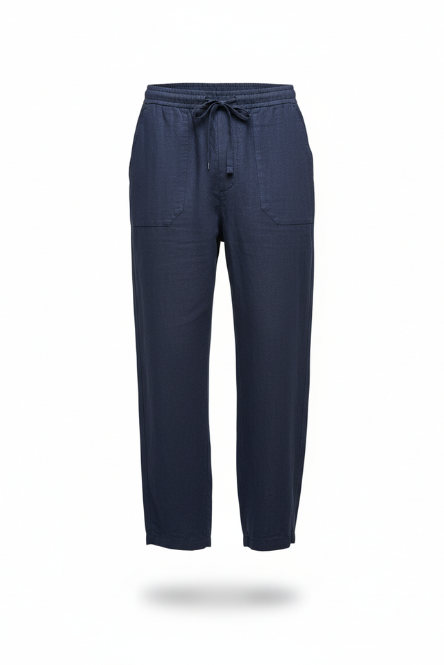 Pantalon En Lin Homme Ample Bleu Marine Cordon Décontracté - vue 3