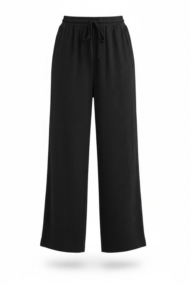 Pantalon En Lin Noir Ample Fluide Décontracté - vue 3