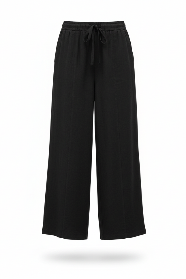 Pantalon En Lin Noir Ample Décontracté Fluide Taille Haute - vue 3