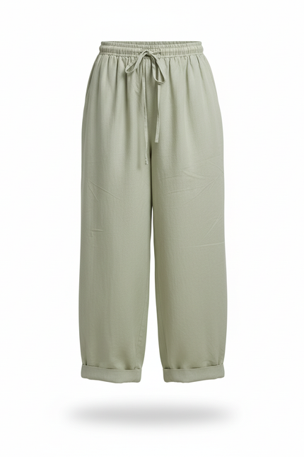 Pantalon En Lin Vert Ample Décontracté Cordon Fille - vue 3