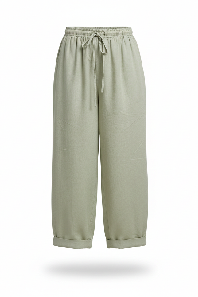 Pantalon En Lin Vert Ample Décontracté Cordon Fille - vue 3