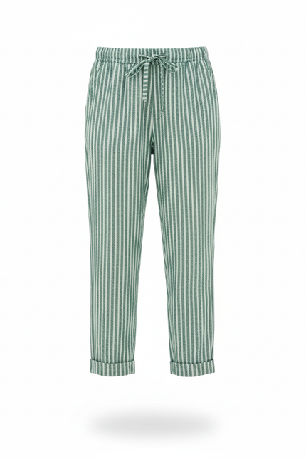 Pantalon En Lin Vert Rayé Ample Fille Décontracté - vue 3
