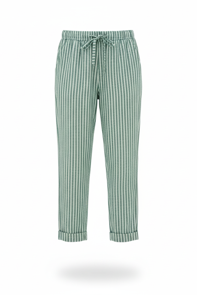 Pantalon En Lin Vert Rayé Ample Fille Décontracté - vue 3