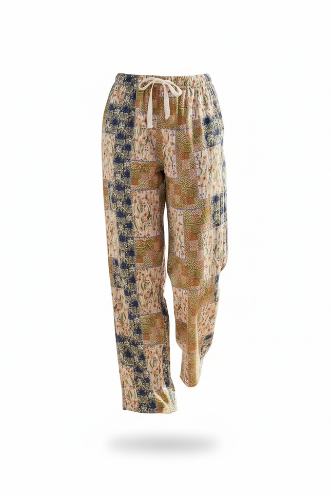 Pantalon En Lin Imprimé Patchwork Ample Fluide Estival - Multicolore - vue 3