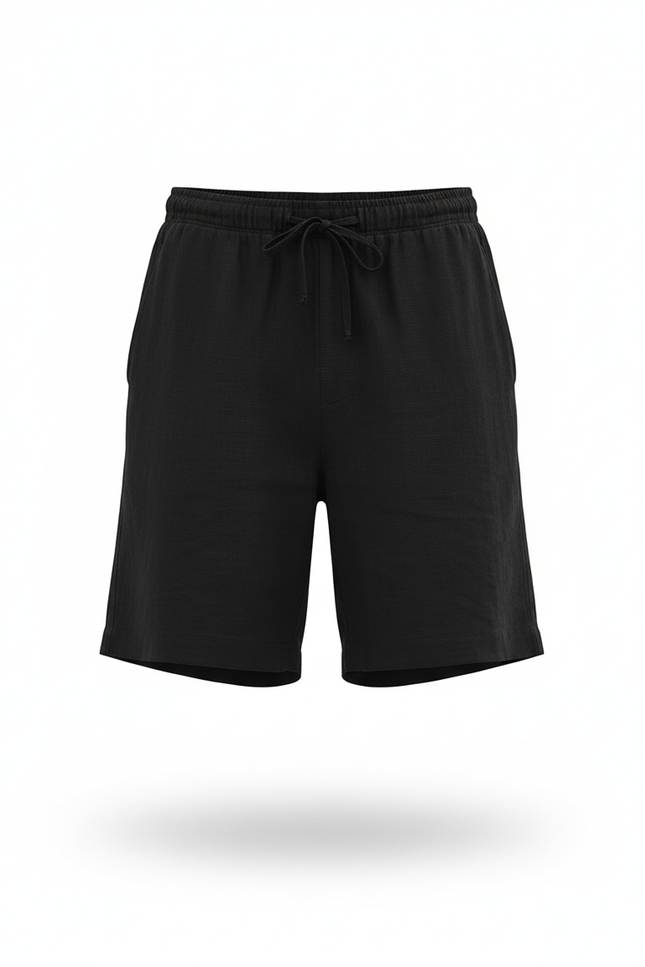 Pantalon En Lin Noir Cordon Décontracté Mi-long Homme - vue 3