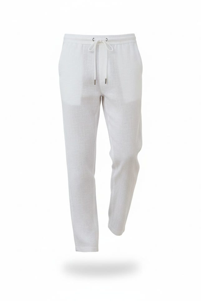 Pantalon En Lin Blanc Cordon Décontracté Léger Texturé Homme - vue 3