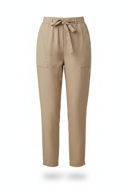 Pantalon En Lin Beige Taille Haute Décontracté Ceinturé - vue 3