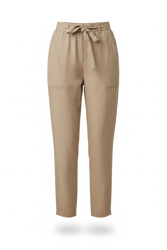 Pantalon En Lin Beige Taille Haute Décontracté Ceinturé - vue 3