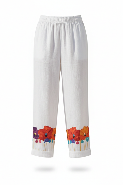 Pantalon En Lin Blanc Imprimé Floral Ample Décontracté - vue 3