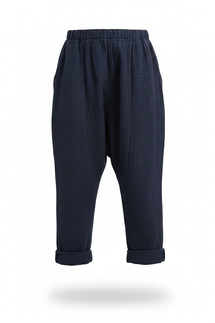 Pantalon En Lin Bleu Marine Ample Enfant Coton - vue 3