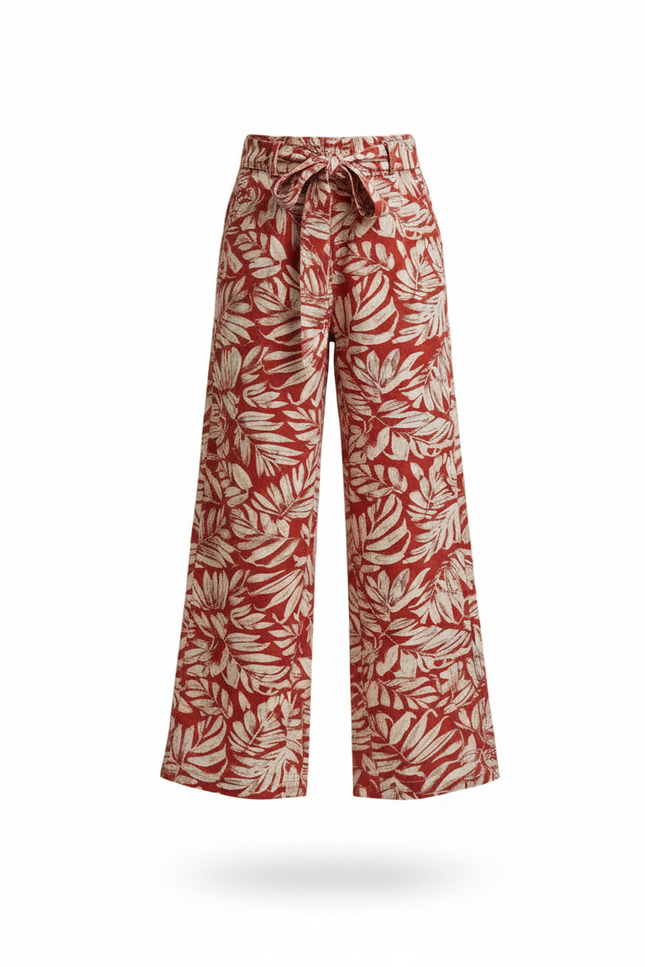 Pantalon En Lin Rouge Motif Feuille Ample Fille - vue 3