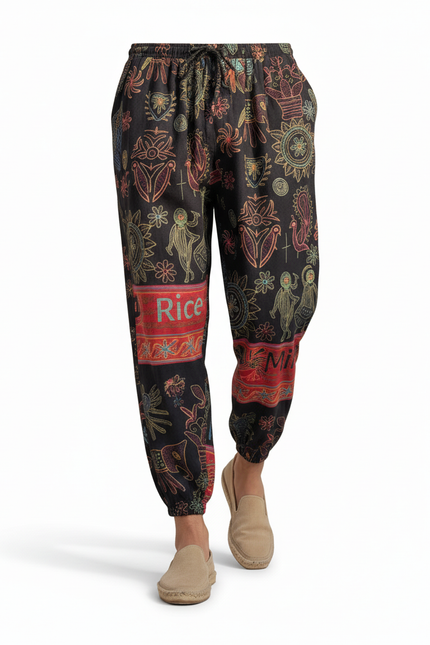 Pantalon En Lin Noir Imprimé Ethnique Ample Harem Homme - vue 3