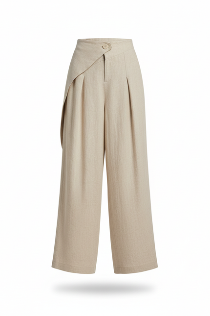 Pantalon En Lin Beige Plissé Ample Taille Haute Fluide - vue 3