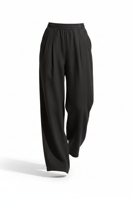 Pantalon En Lin Noir Ample Fluide Taille Élastique Femme - vue 3