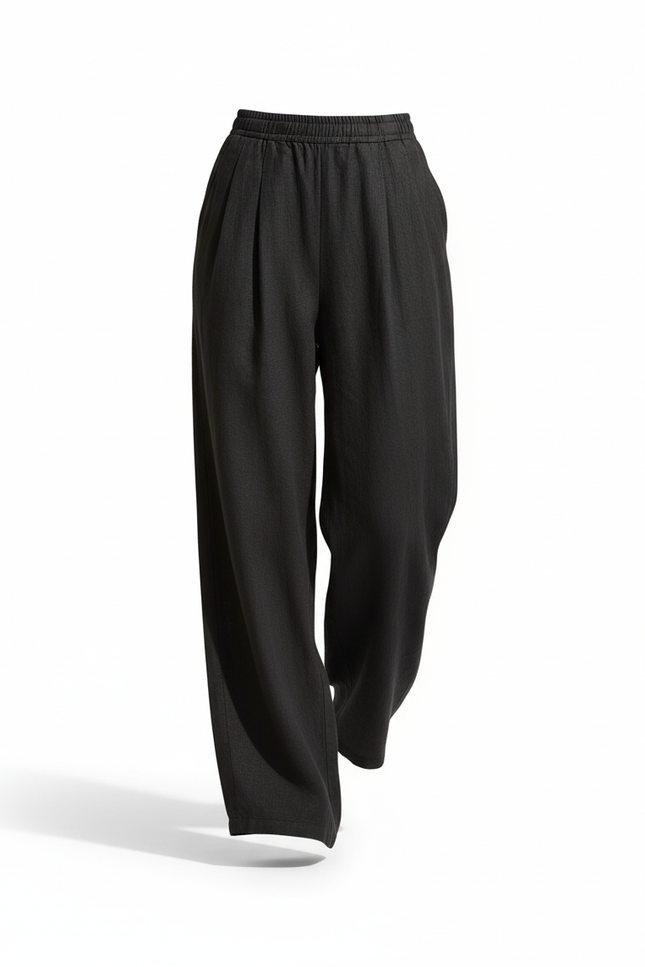 Pantalon En Lin Noir Ample Fluide Taille Élastique Femme - vue 3