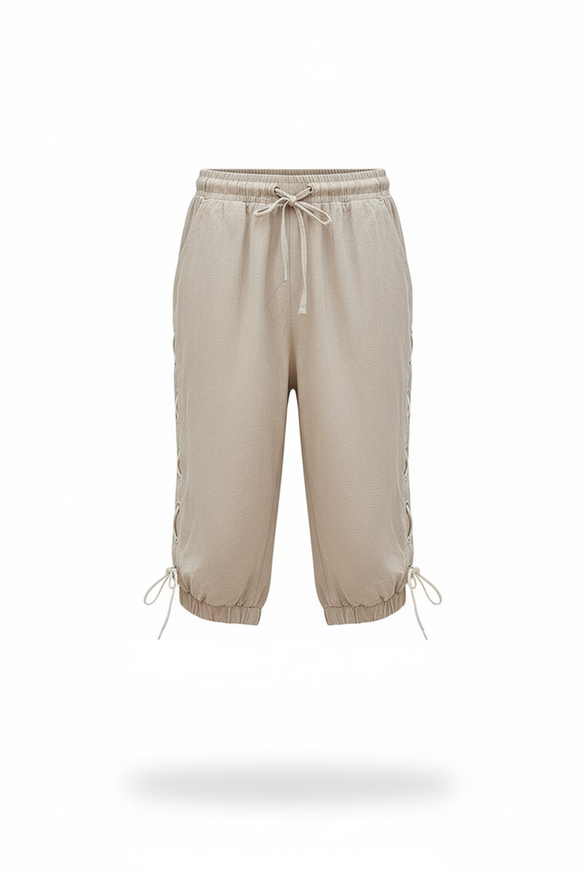 Pantalon En Lin Beige Garçon Cordon Lacets Moyen Âge - vue 3