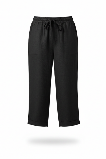 Pantalon En Lin Noir Court Décontracté Cordon Femme - vue 3