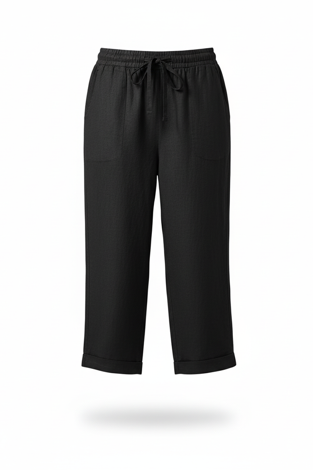 Pantalon En Lin Noir Court Décontracté Cordon Femme - vue 3