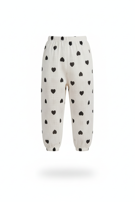 Pantalon En Lin Blanc Cœurs Noirs Ample Enfant - Imprimé - vue 3