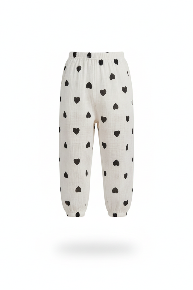 Pantalon En Lin Blanc Cœurs Noirs Ample Enfant - Imprimé - vue 3