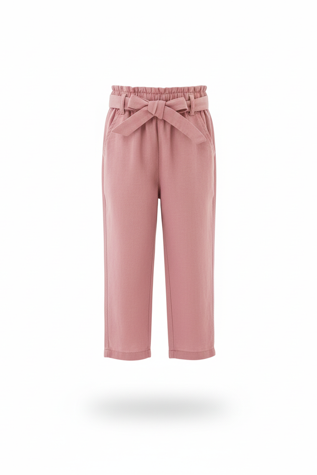 Pantalon En Lin Rose Fille Ample Décontracté Ceinturé - vue 3