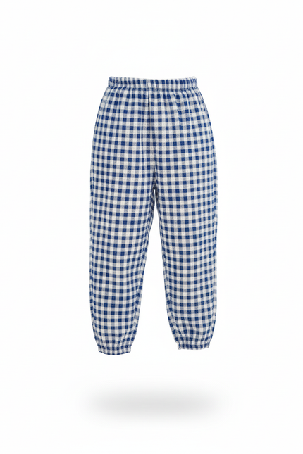 Pantalon En Lin Carreaux Bleus Ample Élastique Fille - vue 3