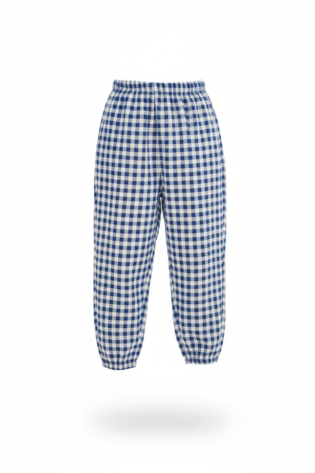 Pantalon En Lin Carreaux Bleus Ample Élastique Fille - vue 3